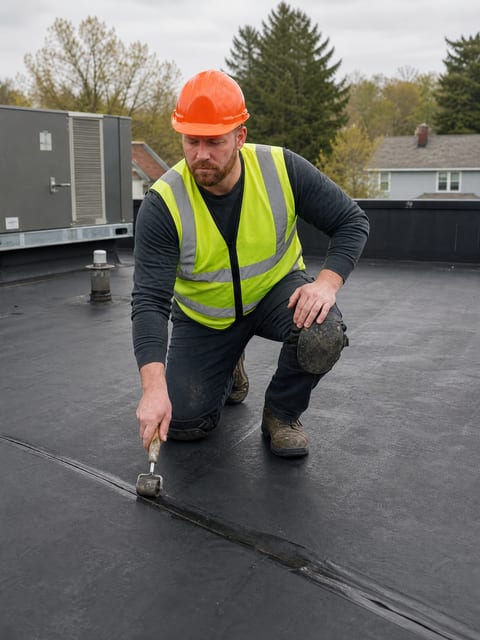 Checking EPDM seams on a Schenectady commercial flat roof