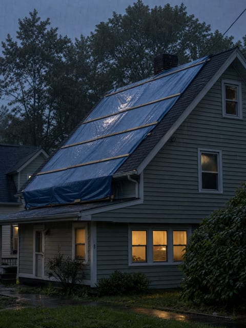 Emergency tarp secured over a storm-damaged roof at dusk