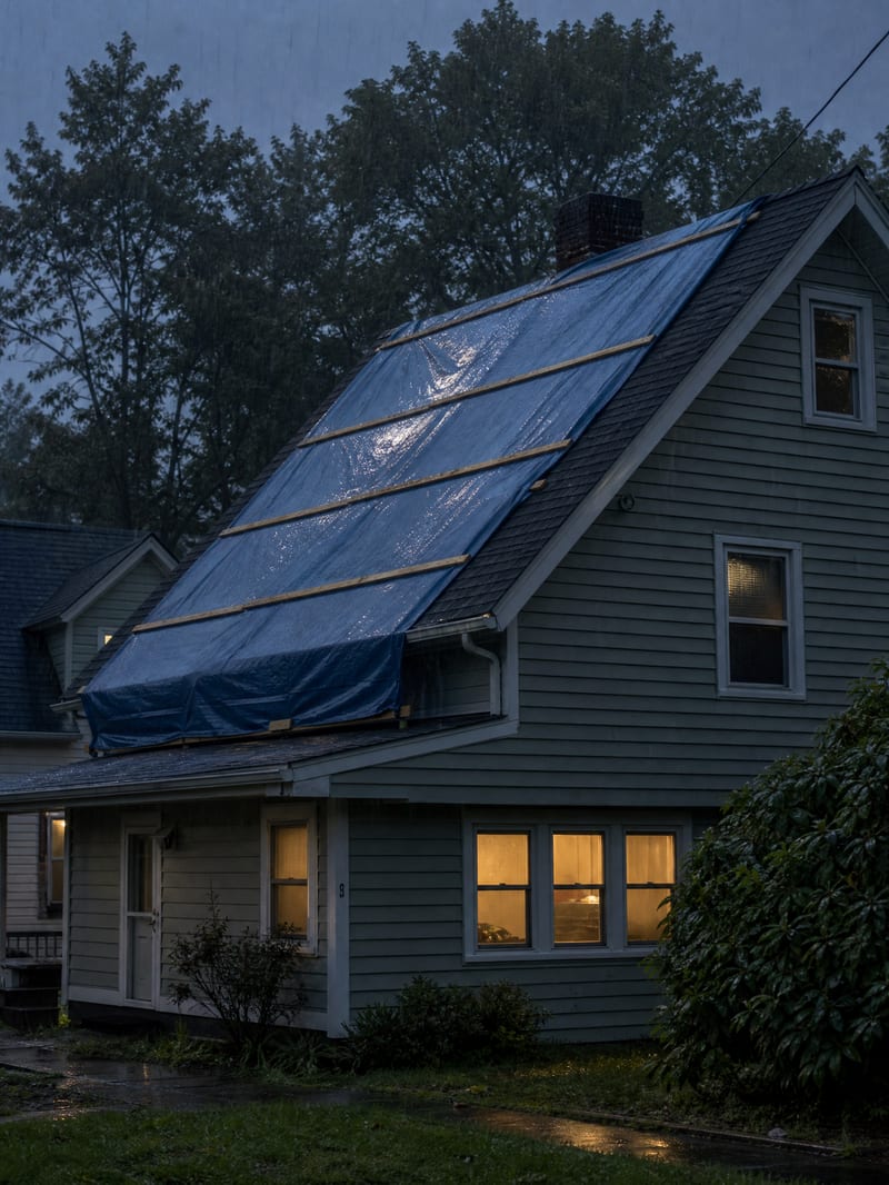 Emergency tarp secured over a storm-damaged roof at dusk